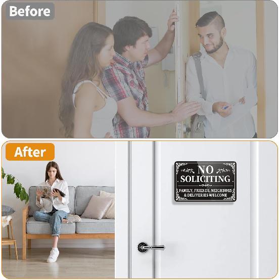 No Soliciting Sign for House 2 Pack, No Soliciting Sign for Front Door Home Self-adhesive 9 x 6 inches, Aluminum Metal Yard Signs, Family, Friends,
