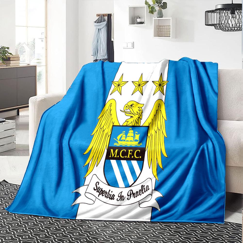 Football Manchester Crest Flannel Blanket, Soft Polyester, Modern Design, All-Season for Camping, Travel, Gifts for holidays or birthdays