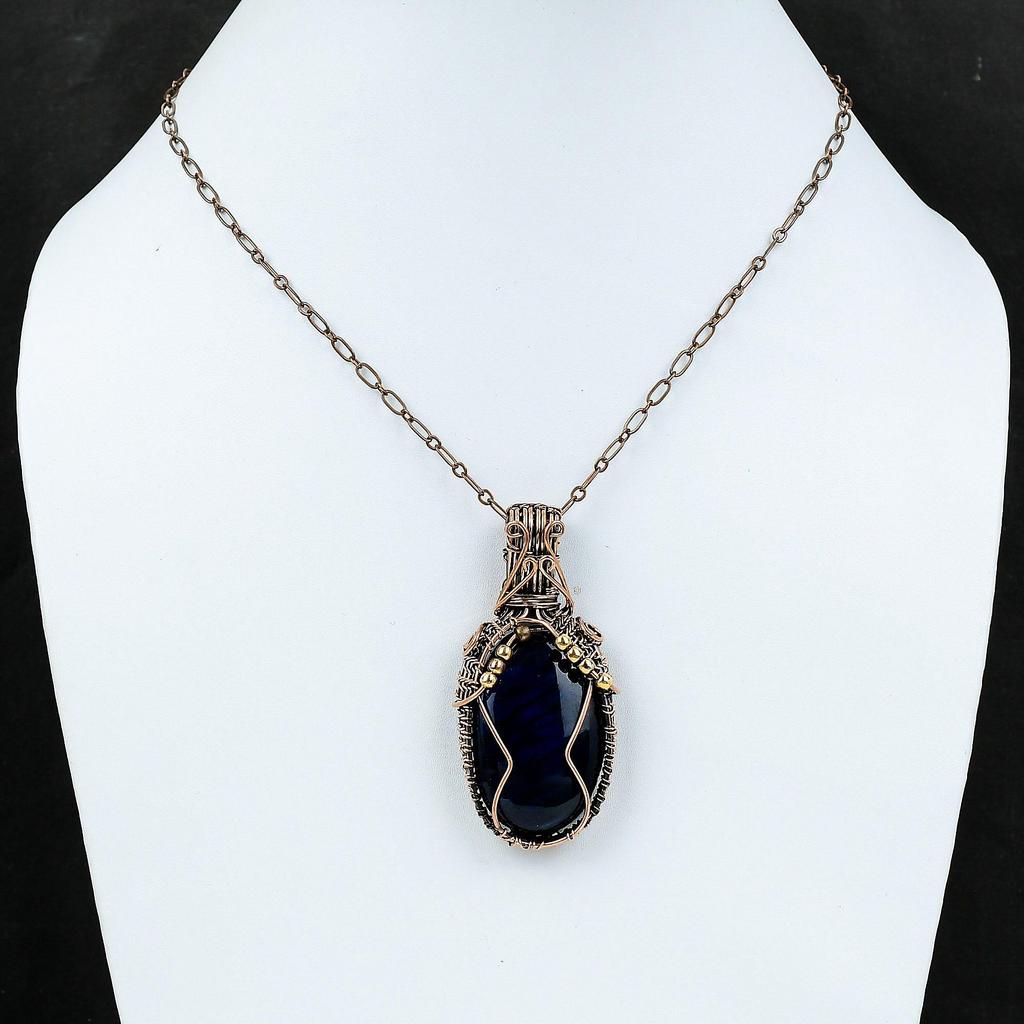 Голубой огненный лабрадоритовый кулон, медная проволочная обертка, подвеска ручной работы из драгоценного камня, медные украшения для подарка, достойный кулон, проволочная обертка, ювелирные изделия