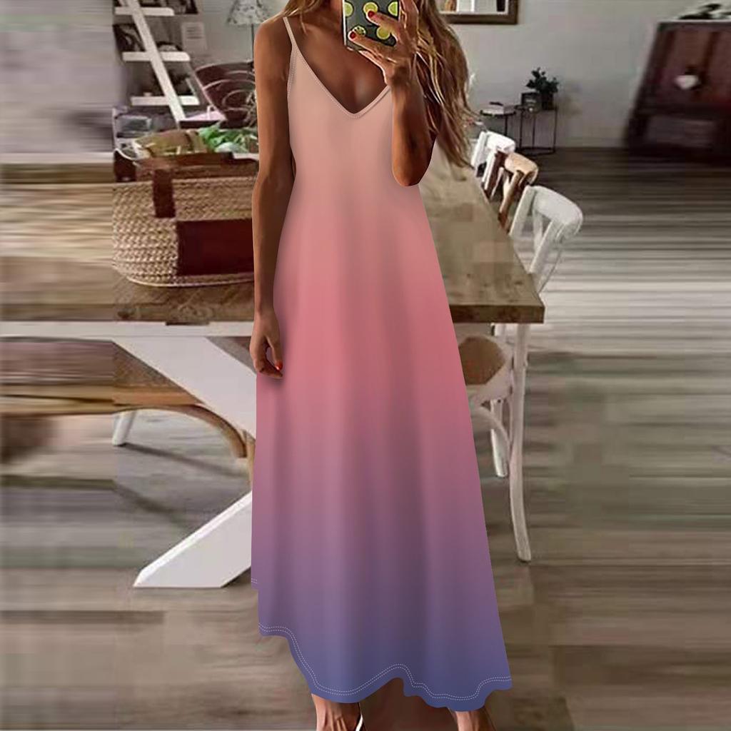 Женское летнее повседневное модное длинное платье без рукавов с v-образным вырезом и градиентным принтом, повседневные платья