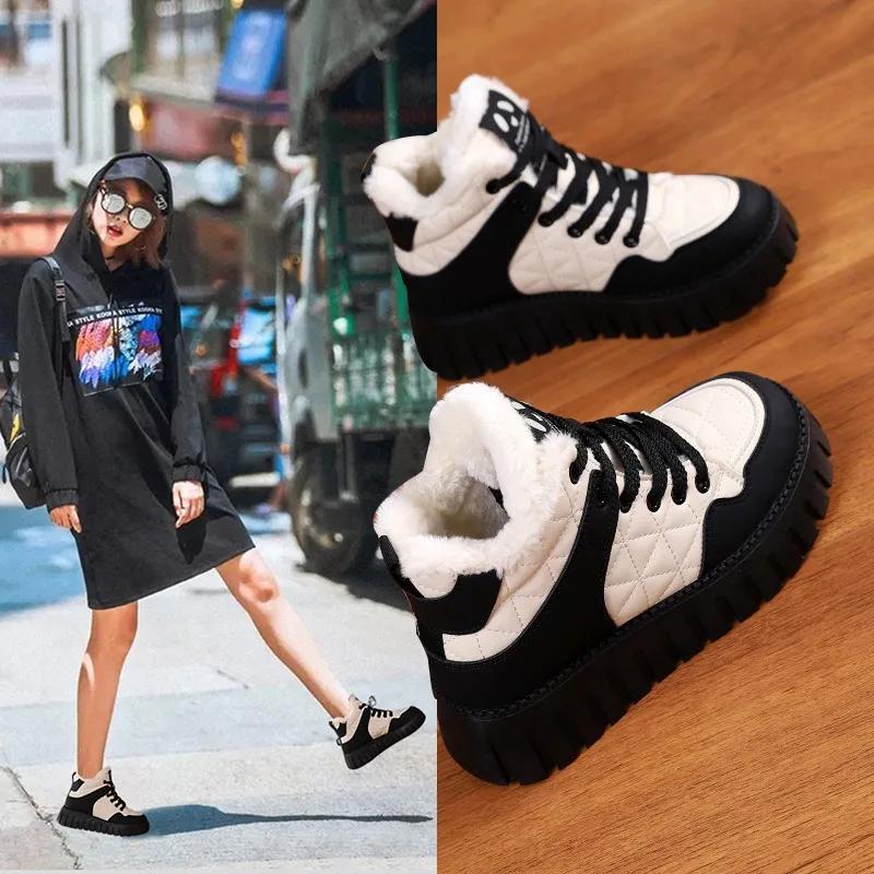 Женские хлопковые туфли Plush 2024 Winter Толстая подошва Comfort Anti Slip Теплые ботильоны на шнуровке на платформе, увеличивающие рост