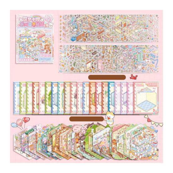 3D Scene Sticker Book Set for Kids Adults DIY Mini House Stickers Kit Reusable Kawaii Stickers for Home School Office