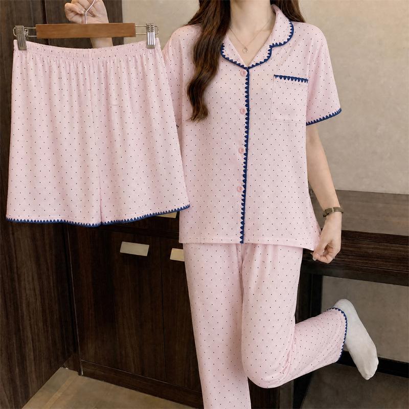 New sweet polka dot simple shell hemming cloud cotton pajamas women's summer loungewear short-sleeved three-piece set