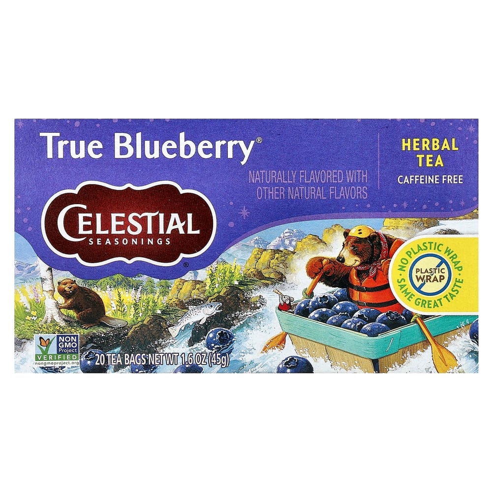 Травяной чай Celestial Seasonings, Без кофеина, Настоящая черника, 20 чайных пакетиков, 1,6 унции (45 г)