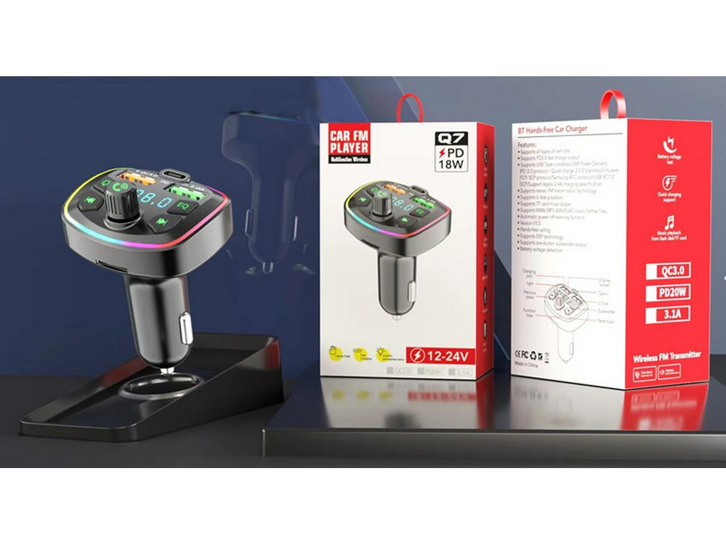 Q7 Автомобильное Bluetooth-зарядное устройство с быстрой зарядкой, цифровым дисплеем, подсветкой и слотом для TF-карты