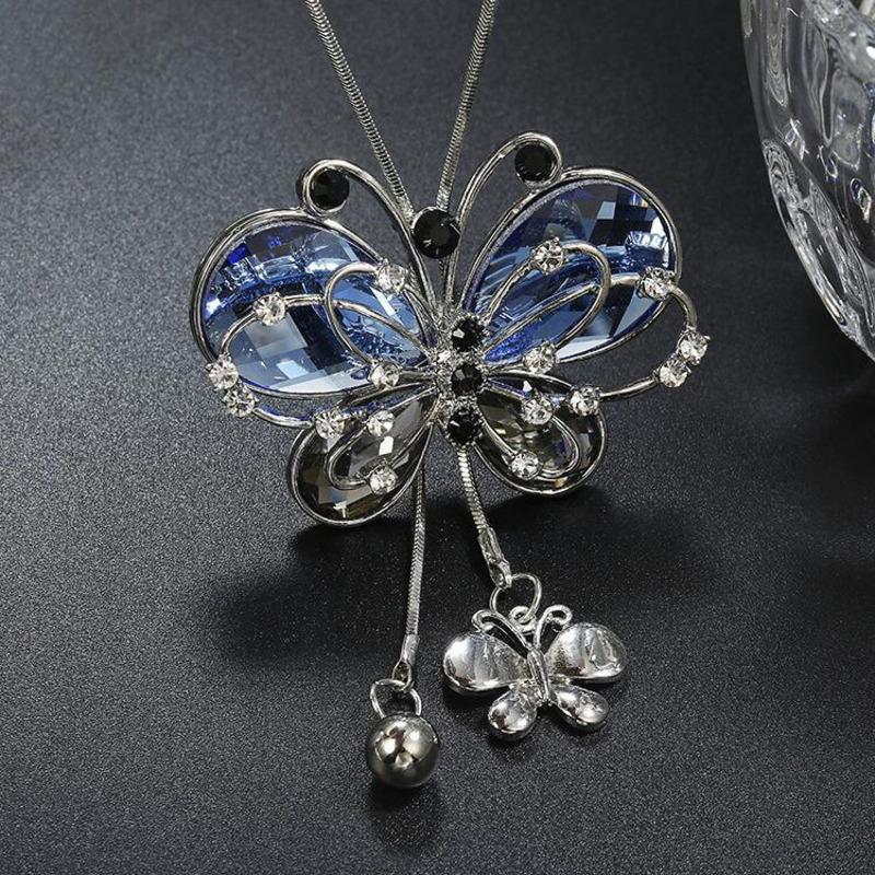 Модное длинное ожерелье с бабочкой-опалом, цепочка для свитера, металлический кулон с кристаллами, ожерелья, аксессуары на шею, модные ювелирные изделия для женщин