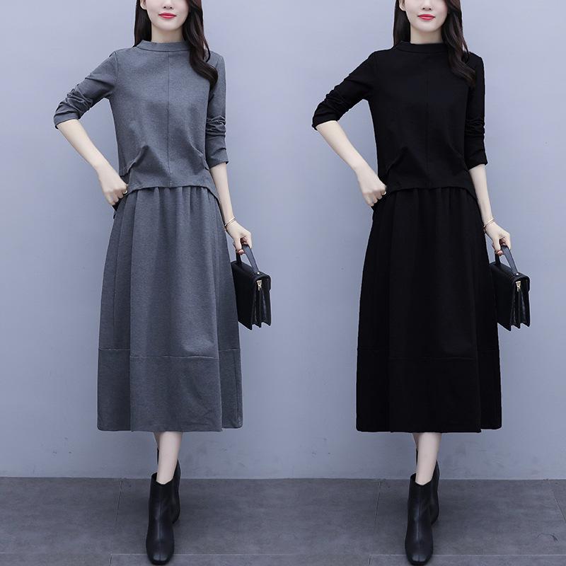 Женское платье-двойка больших размеров с длинными рукавами - коллекция осень/зима 2020, стильная повседневная мода для полных людей с небольшим весом.