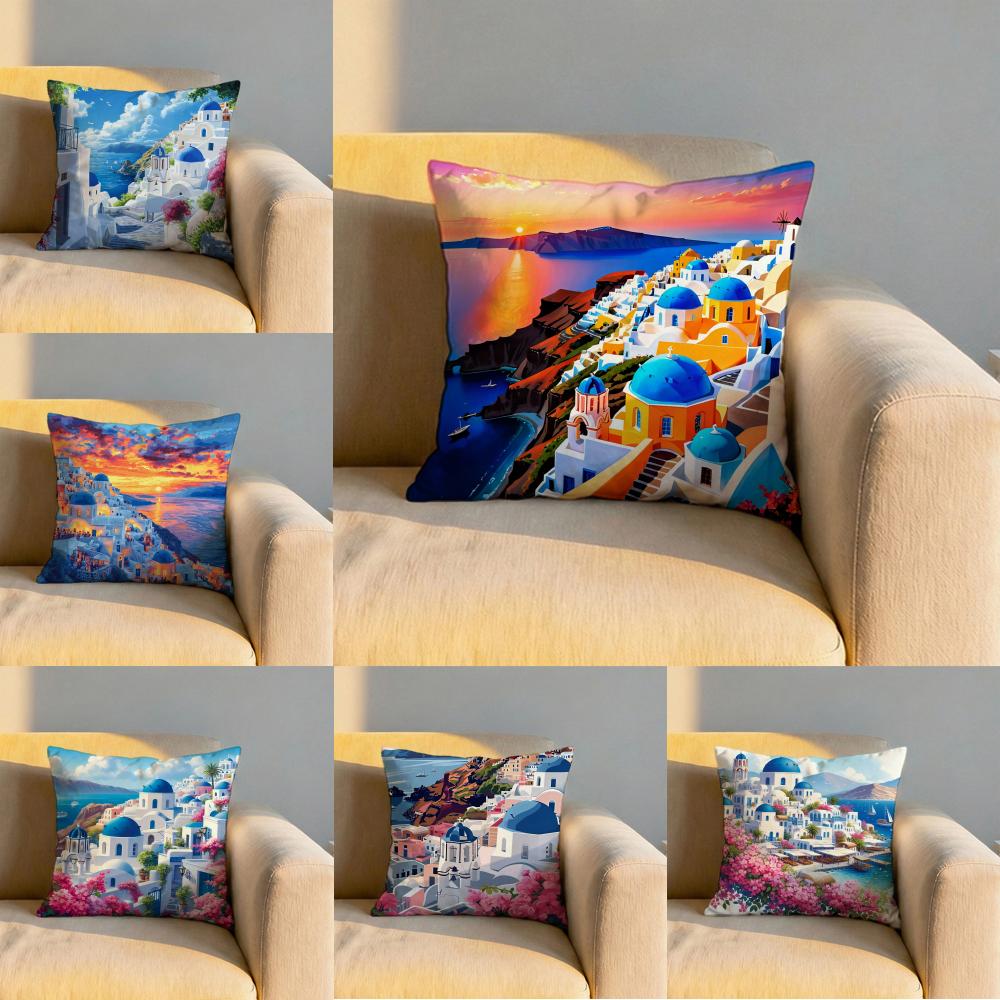 Santorini Landscape Cushion Cover Soft Reversible Durable Pillow Cover MultiScene Use for Home Car Daily Comfort