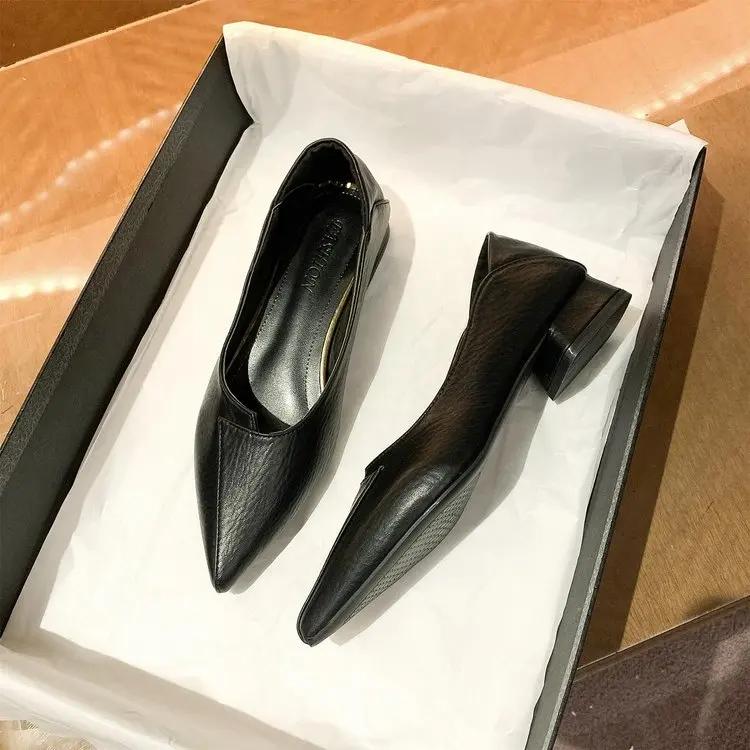 2024 Spring and Autumn New Single Shoes Women Low Heel Pointed Toe Shallow Mouth Soft-soled All-match Women's Leather Shoes