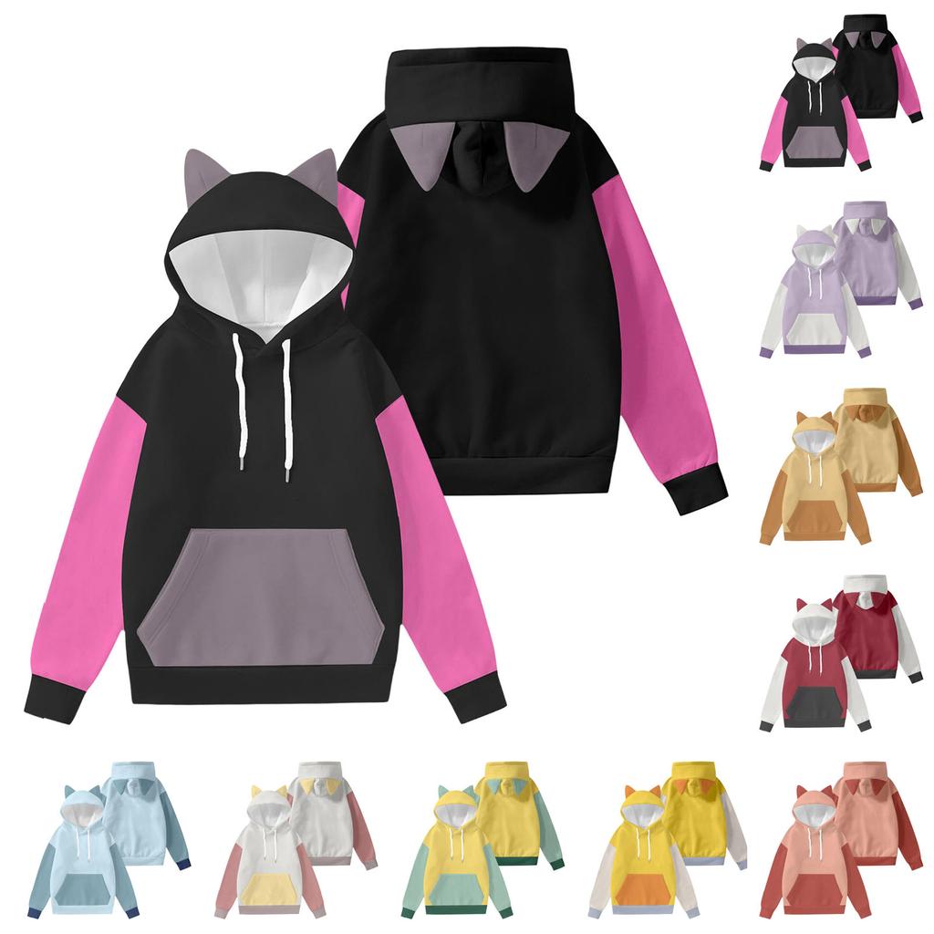 Women's Fashion Long-Sleeved Color-Blocked Printed Hooded Sweatshirt With Ears