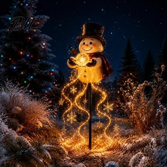 Holiday Patio Snowman Ornaments Solar Garden Light with Flowing Snowflakes, LED Christmas Waterfall Decorative Hanging String Lights Lighting