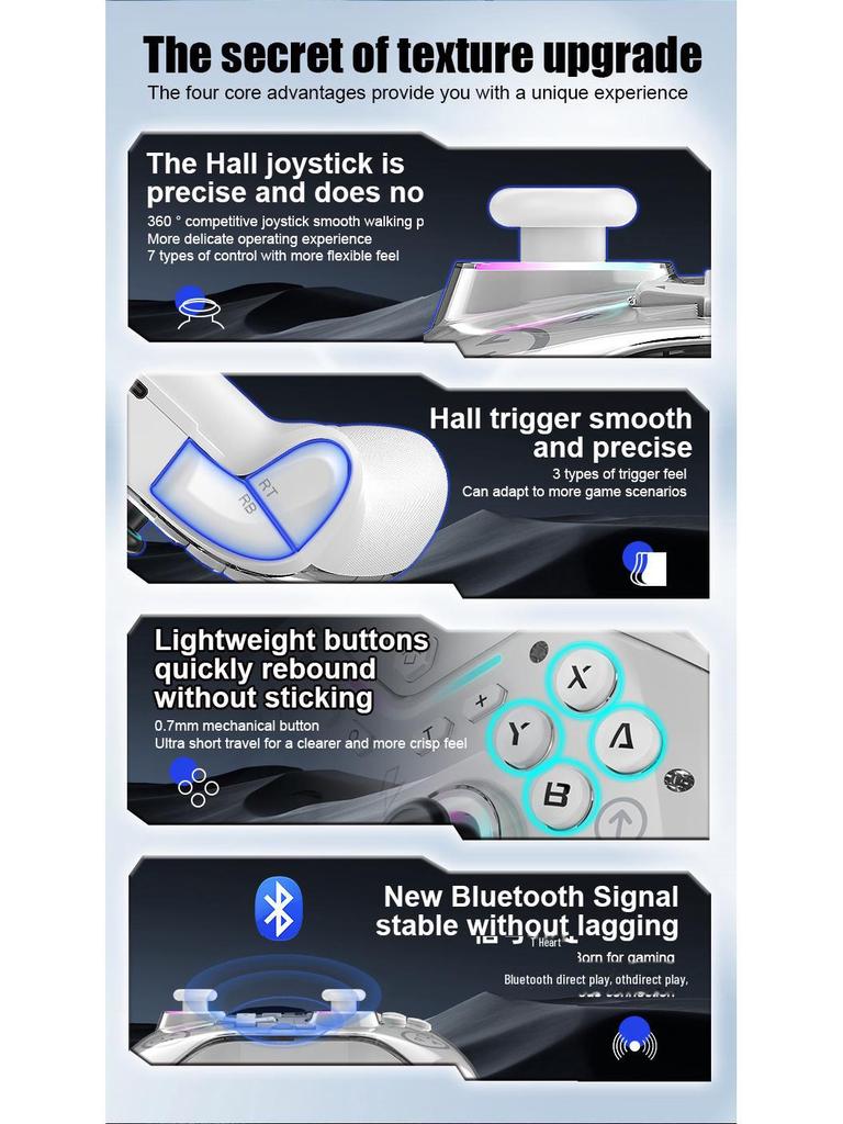 Игровой контроллер с магнитным корпусом, регулируемым джойстиком Холла, совместимостью с Switch/Android/iOS, беспроводным Bluetooth, вибрацией и световыми эффектами