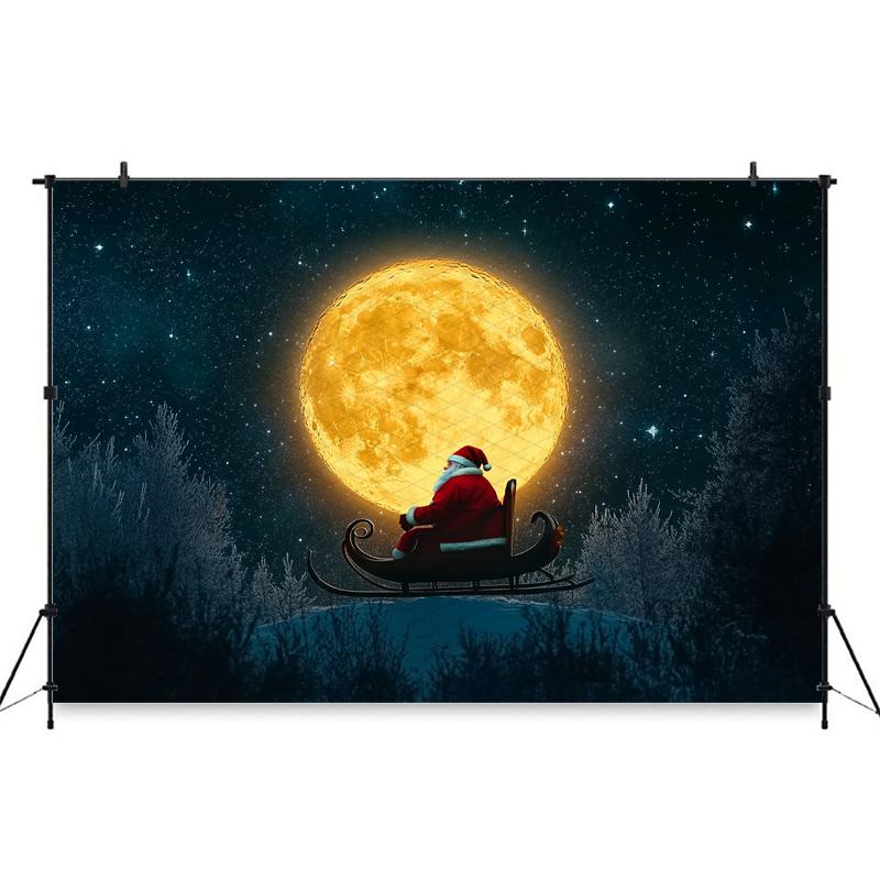 Mocsicka Christmas Photography Background Night Starry Sky Moon Forest Tree Decoration Santa Claus Children Party Photo Backdrop