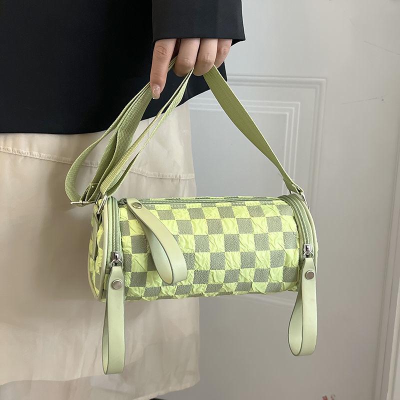 Women's Crossbody Bag Plaid Cylinder Bag Trendy Fashion Casual Simple Wide Shoulder Strap Retro One Small Shoulder Messenger Bag MIT