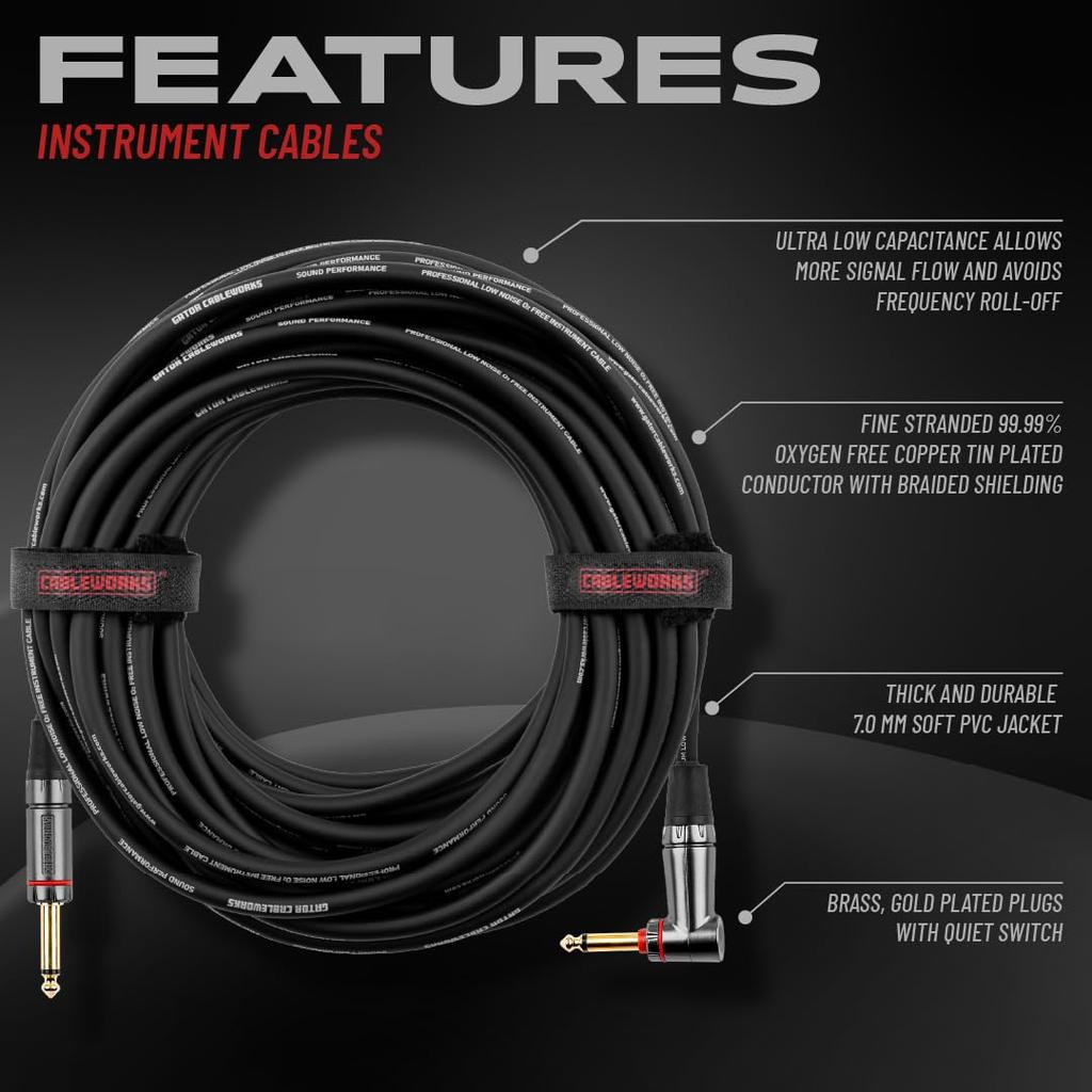 Cableworks by Gator Cases Headliner Series 30ft SL Musical Instrument Cable with Mute Switch (GCWH-INS-30RAQT)