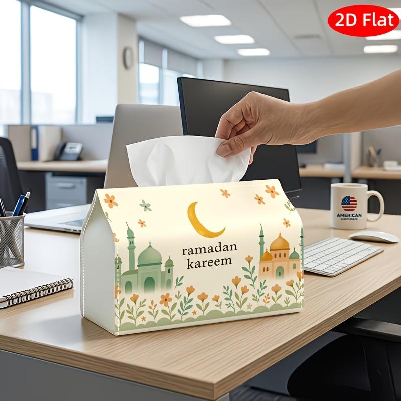 2D Flat, 1pc Tissue Box, Printed on Both Sides, Contemporary Artistic Tissue Holder with Ramadan Floral Crescent Design, Made of Durable Fabric for Us
