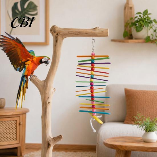 Pet Bird Enrichment Toy Wooden Strips Parrot Toy, Chew with Colorful Beads, Cage Accessory Chewing And Climbing for Budgie Conure Cockatiel