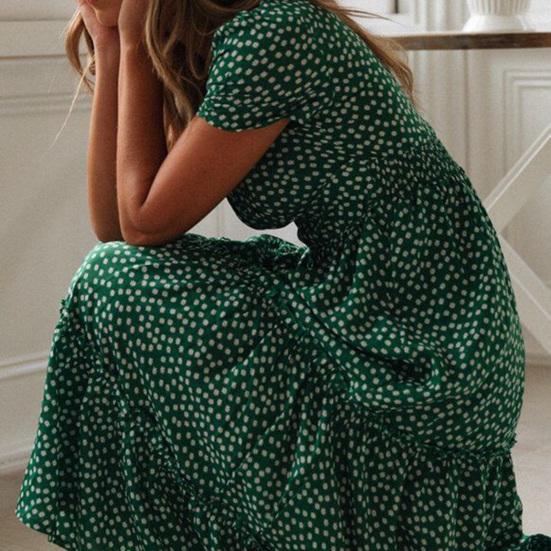 Women Dress Small Flower Print Patchwork A-line Flowy Hem Square Neck Short Bubble Sleeves Pleated Shirring Dating Vacation Midi Dress