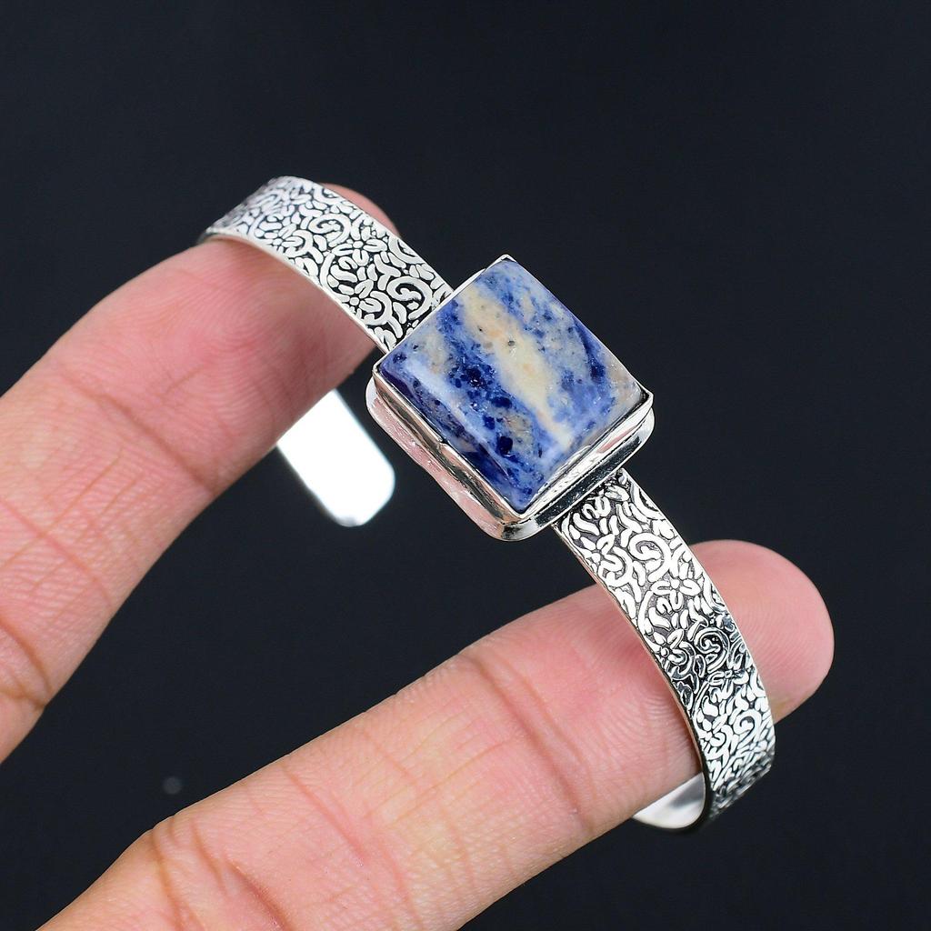 Birthday Gift For Her Natural Sodalite Gemstone Bangle Adjustable 925 Silver
