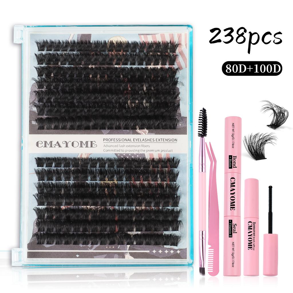 Diy False Eyelashes Single Tuft Of Hair 238 Tufts 80D + 100D Dense With Eyelash Glue Tool Set