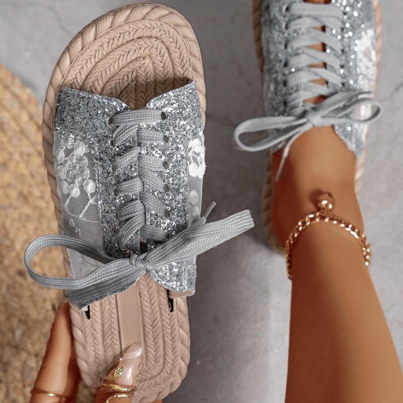 Женские повседневные тапочки на плоской подошве с вышивкой из пайеток и сеткой, универсальные летние пляжные сандалии со шнуровкой