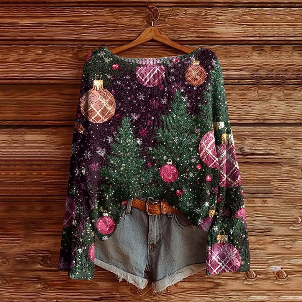 Women's Christmas Print Lightweight Sweater Casual Long Sleeve Knitted Pullover