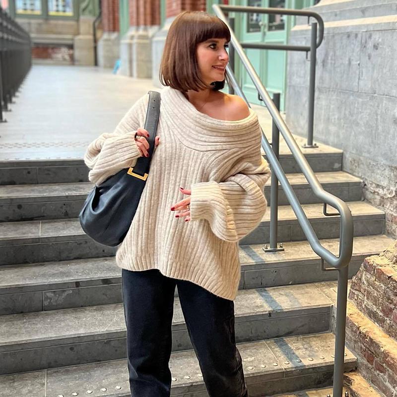 Свитер с открытыми плечами для женщин, осень-зима, свободный, с длинным рукавом, вязаный, женский, уличный, повседневный, большой, топ, пэчворк, свитера для поездок на работу, женские