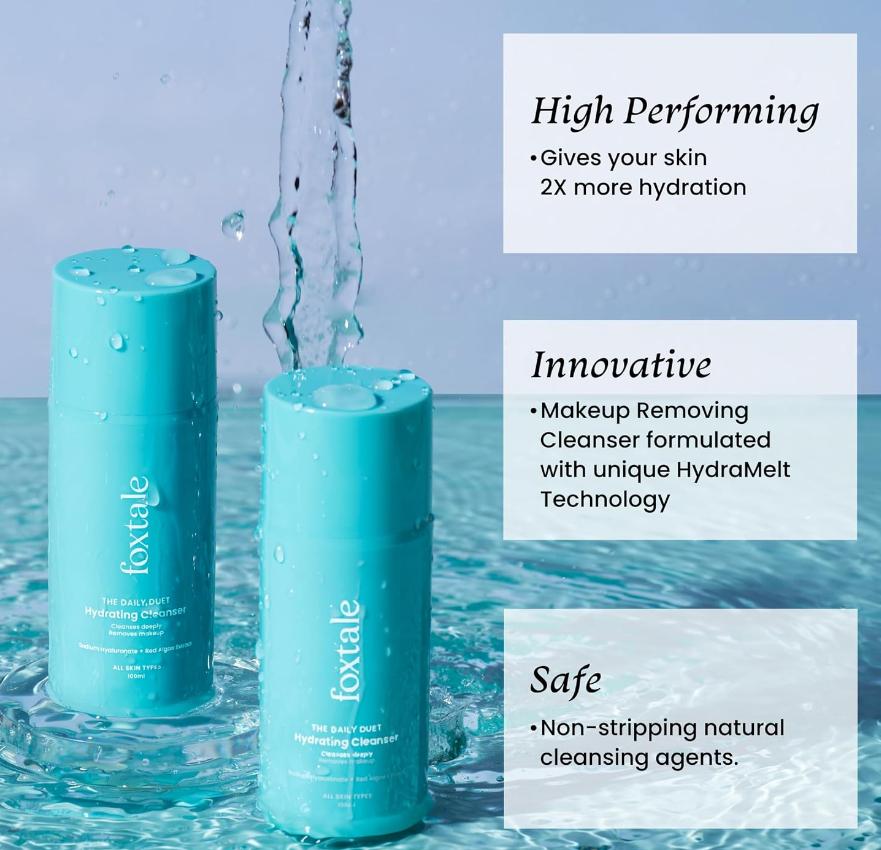 Fox Tale The Daily Duet Gentle Hydrating Face Wash And Makeup Remover, Hyaluronic Acid And Red Algae Extract, 100ml