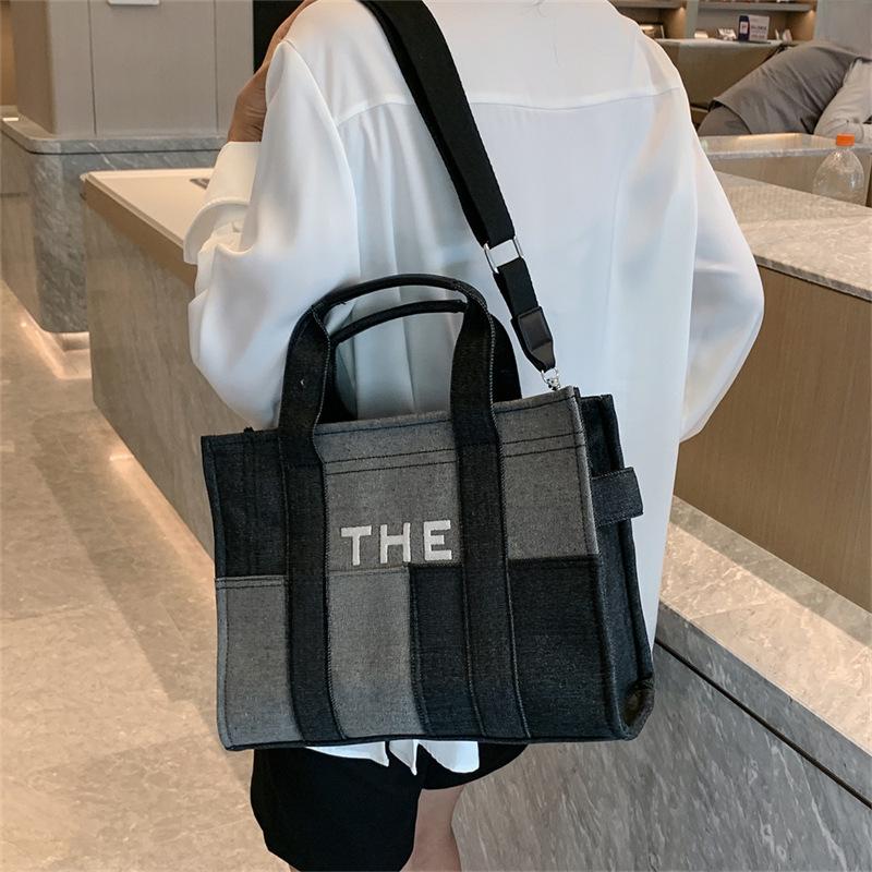 Retro Embroidered Letter Denim Tote with Contrast Stitching