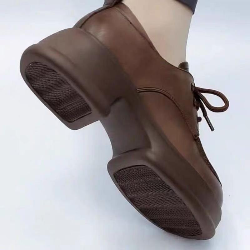 Women's Shoes New Platform Height-Increasing Leather Shoes Round Toe Lace-up Soft Bottom Loafers British Style Single-Layer Shoes