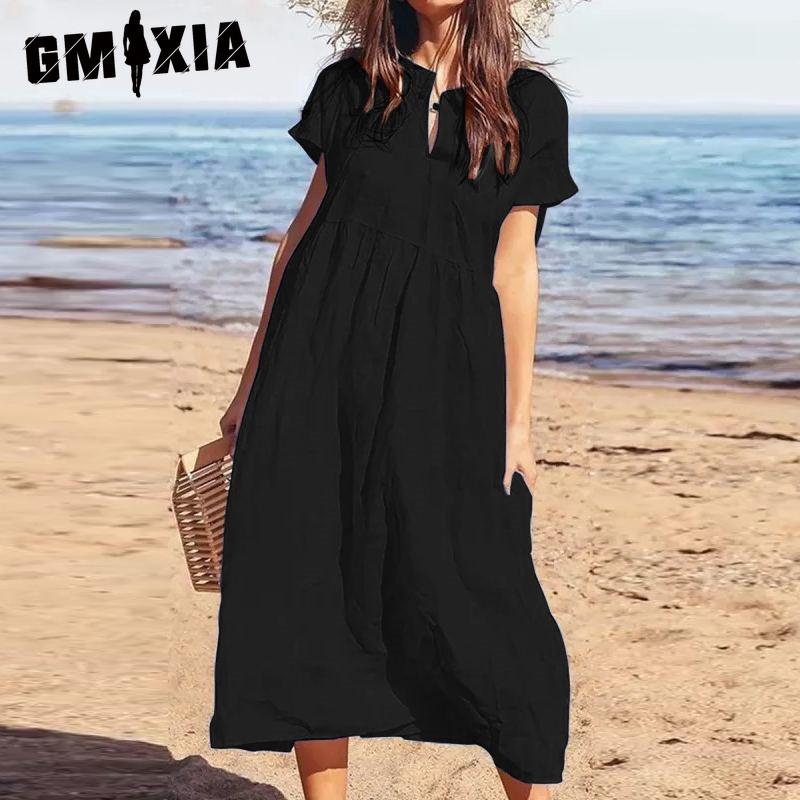 GMXIA Women's Fashion Summer Spring Solid Color Print High Waist Casual Dresses