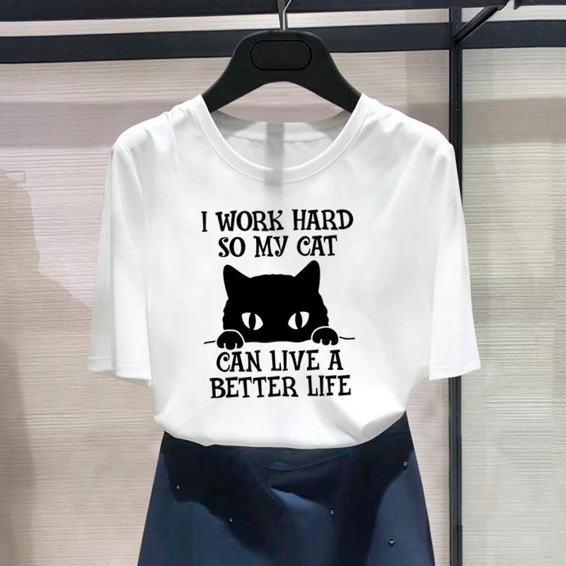(Азиатский размер) Модный принт, женский забавный тренд с котом, милый, милый, повседневный женский топ, повседневная футболка, футболка с коротким рукавом и графикой