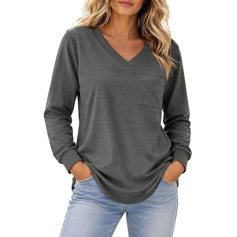 Women S V Neck Long Sleeve Loose Casual Solid Color Knit Top With Patch Pocket