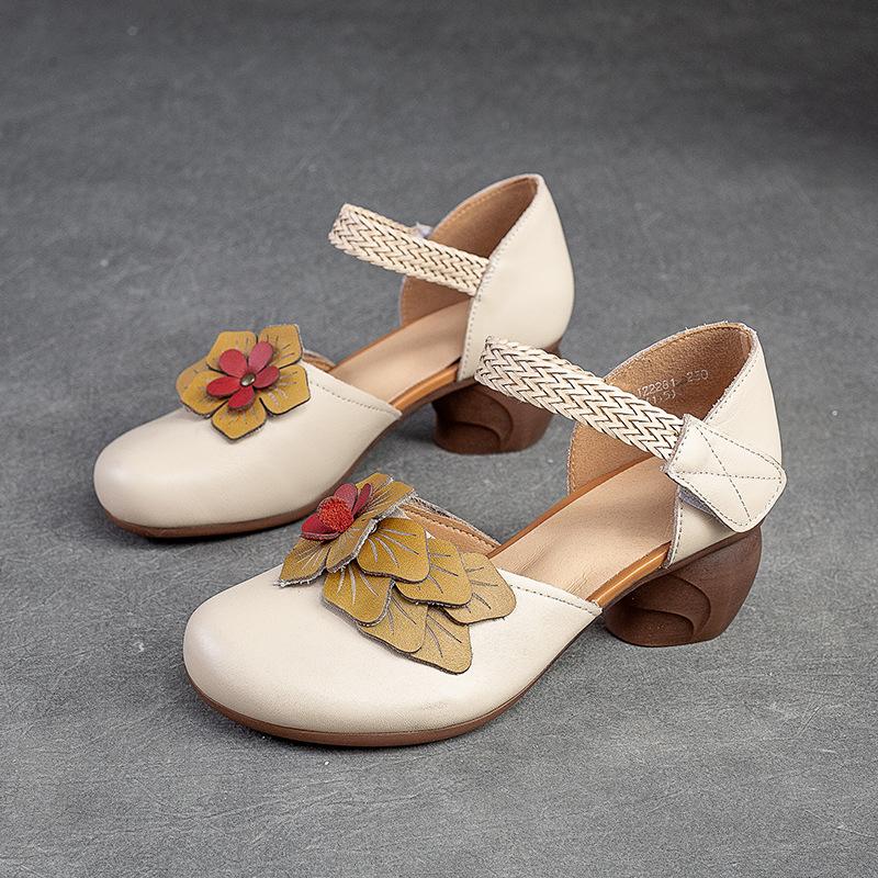 Johnature Женские сандалии в стиле ретро из натуральной кожи, универсальные сандалии ручной работы на среднем каблуке с цветочным узором и круглым носком, женская обувь