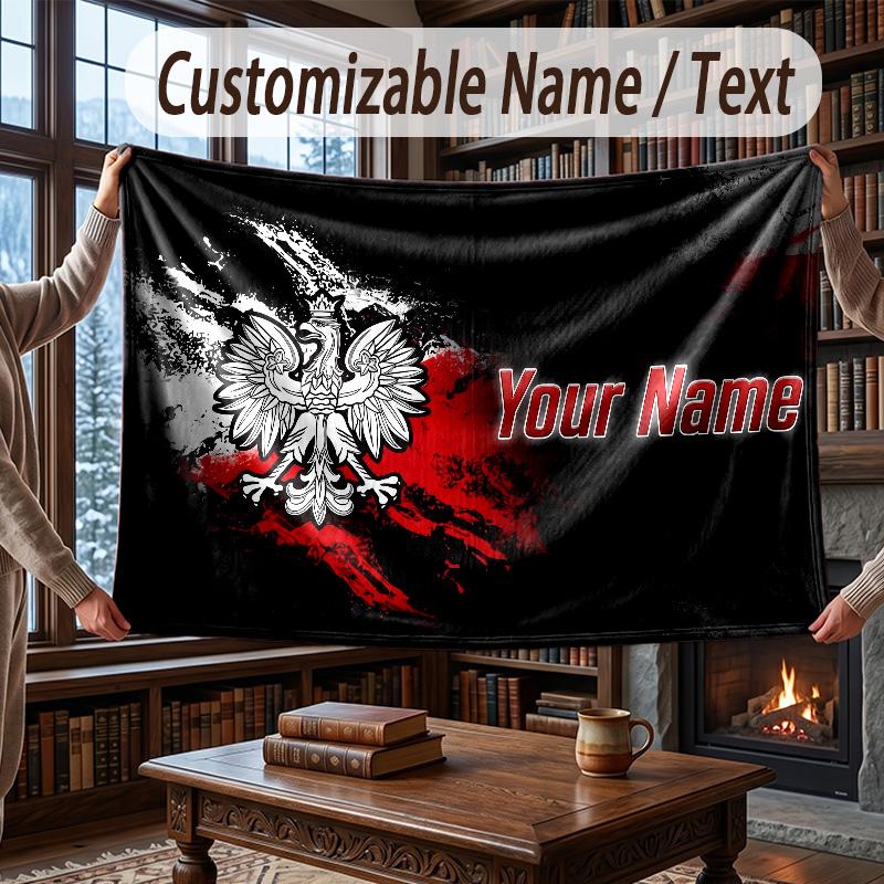Custom Name Flannel Throw Blanket Poland Pattern Warm Home Decoration