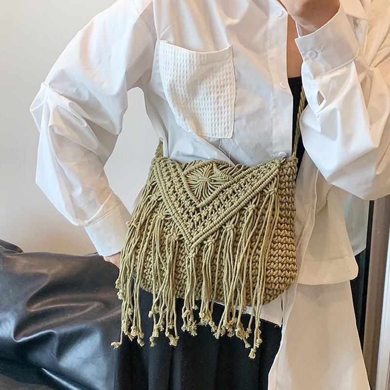 Fashion Casual Cotton Bag Hollow Tassel Beach Bag Flap Hand Woven Bag Cotton Rope Shoulder Crossbody Bag For Women