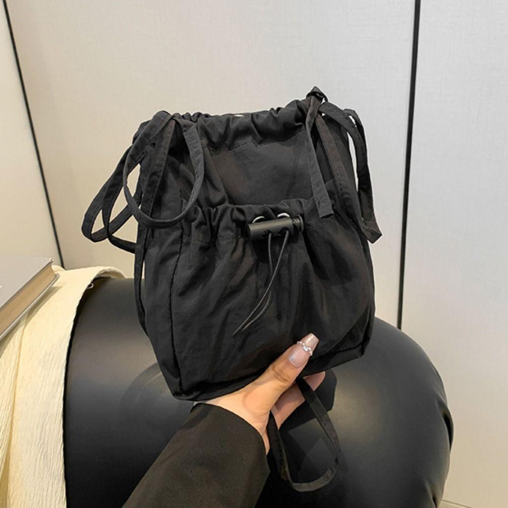 Korean Style Drawstring Canvas Bag Purse Mobile Phone Bag Casual Nylon Shoulder Bag Outdoor