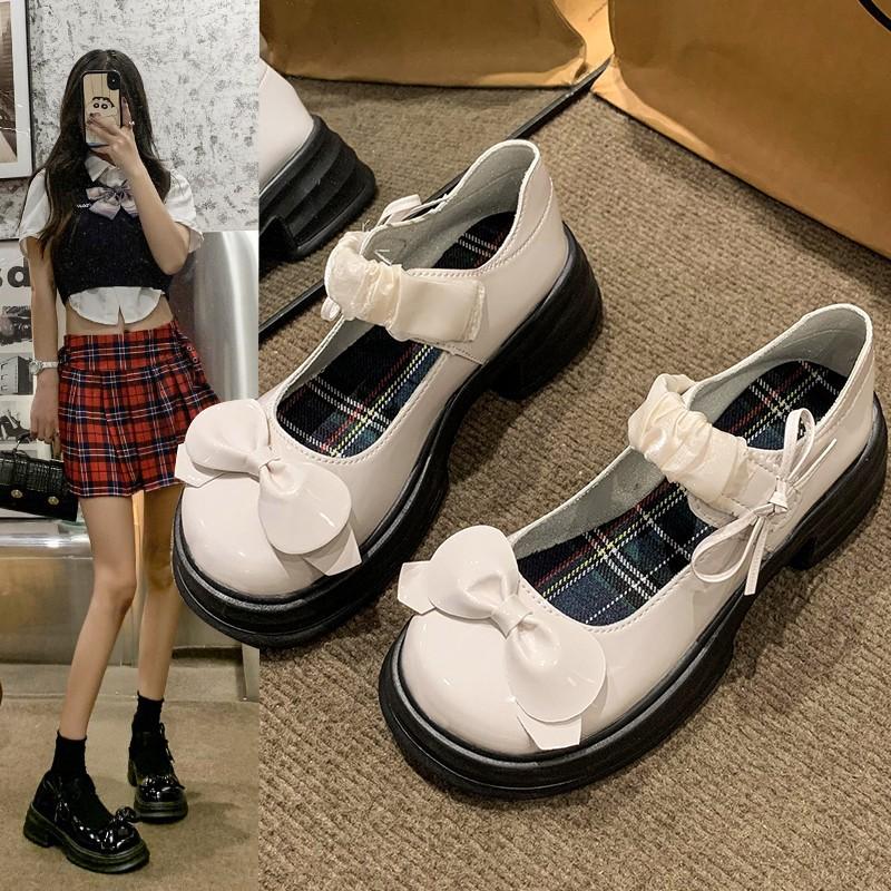 22 Uniform thick heel medium heel light mouth Mary Jane shoes bow student small leather shoes Japanese bright single shoes