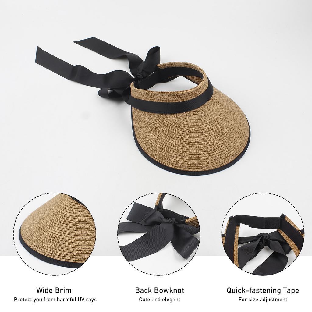 Women Sun Visor Hat Adjustable Wide Brim Bowknot Straw Hat Beach Hat