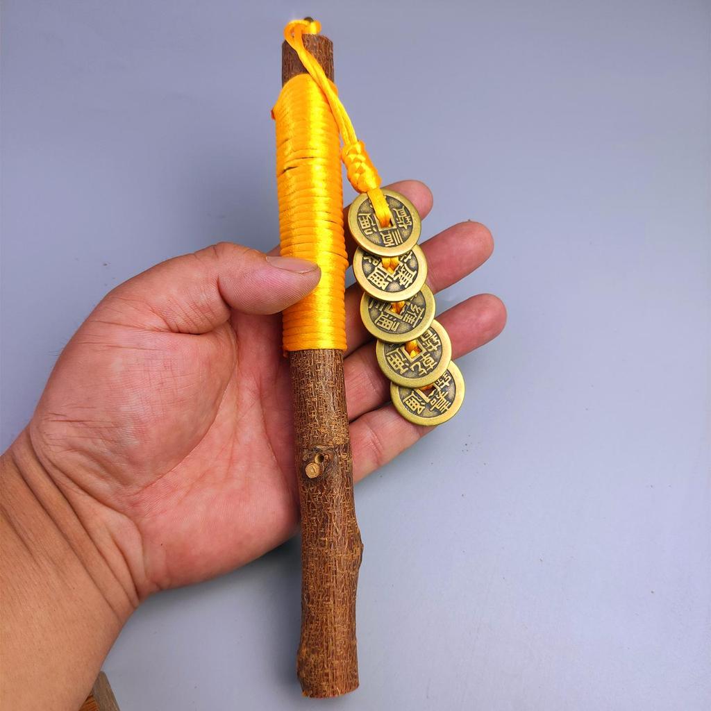 Handmade Peach Wood Pendant with Five Emperors Coins for Baby's Bedside