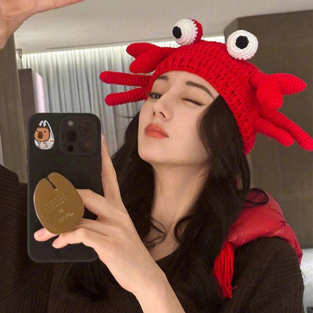 Eyes Crab Pullover Cap Knit Drawstring Hat Sweet Crab Beanies Hat Outdoor