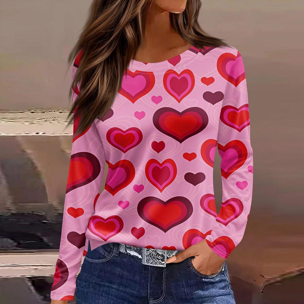 Женская модная повседневная футболка с разрезом и круглым вырезом, длинным рукавом, с принтом ко Дню святого Валентина, женская футболка