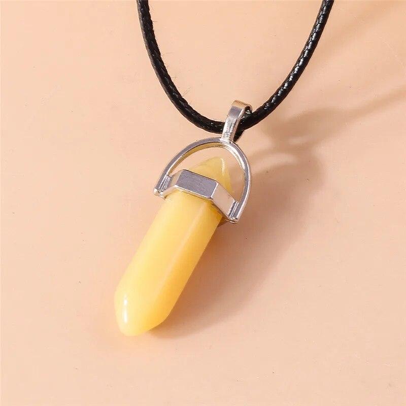 Натуральный камень, кварц, лазурит, опал, аметист, розовый хрустальный камень, шестиугольная колонна, кулон, ожерелья, кожаная цепочка, ожерелье-пуля