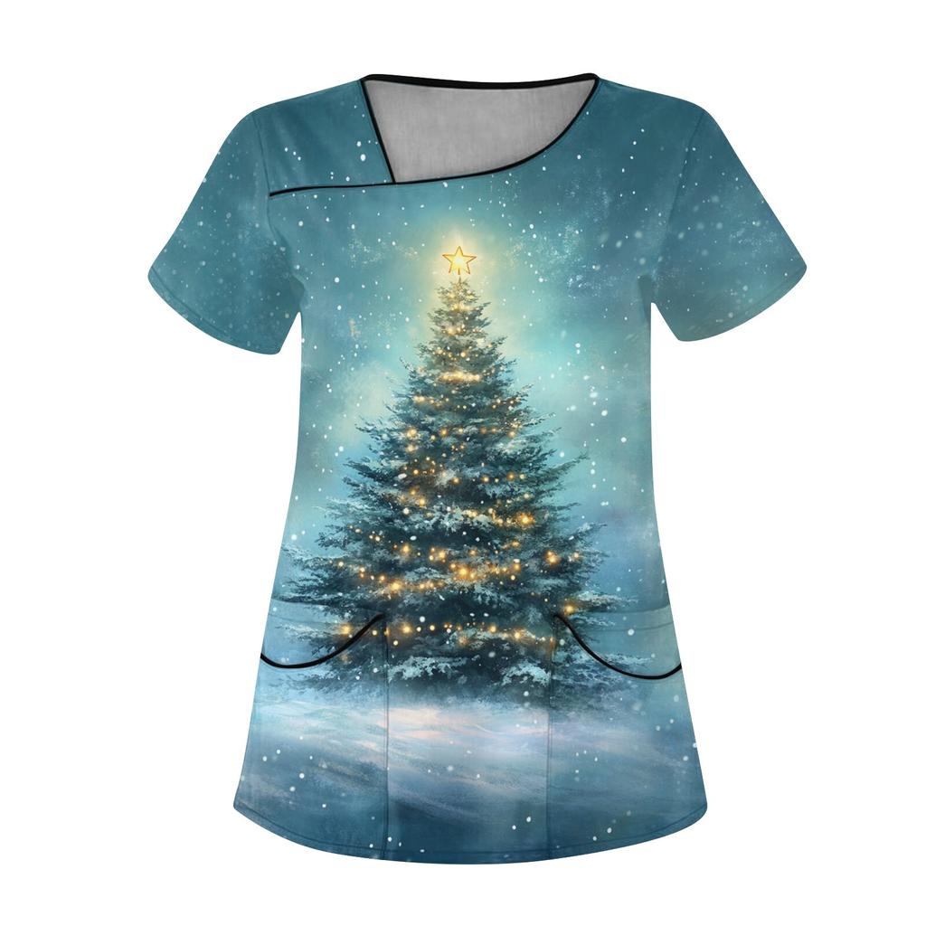 Женская рабочая одежда с рождественским принтом, покатый воротник и двухслойные карманы, базовый пуловер сверху