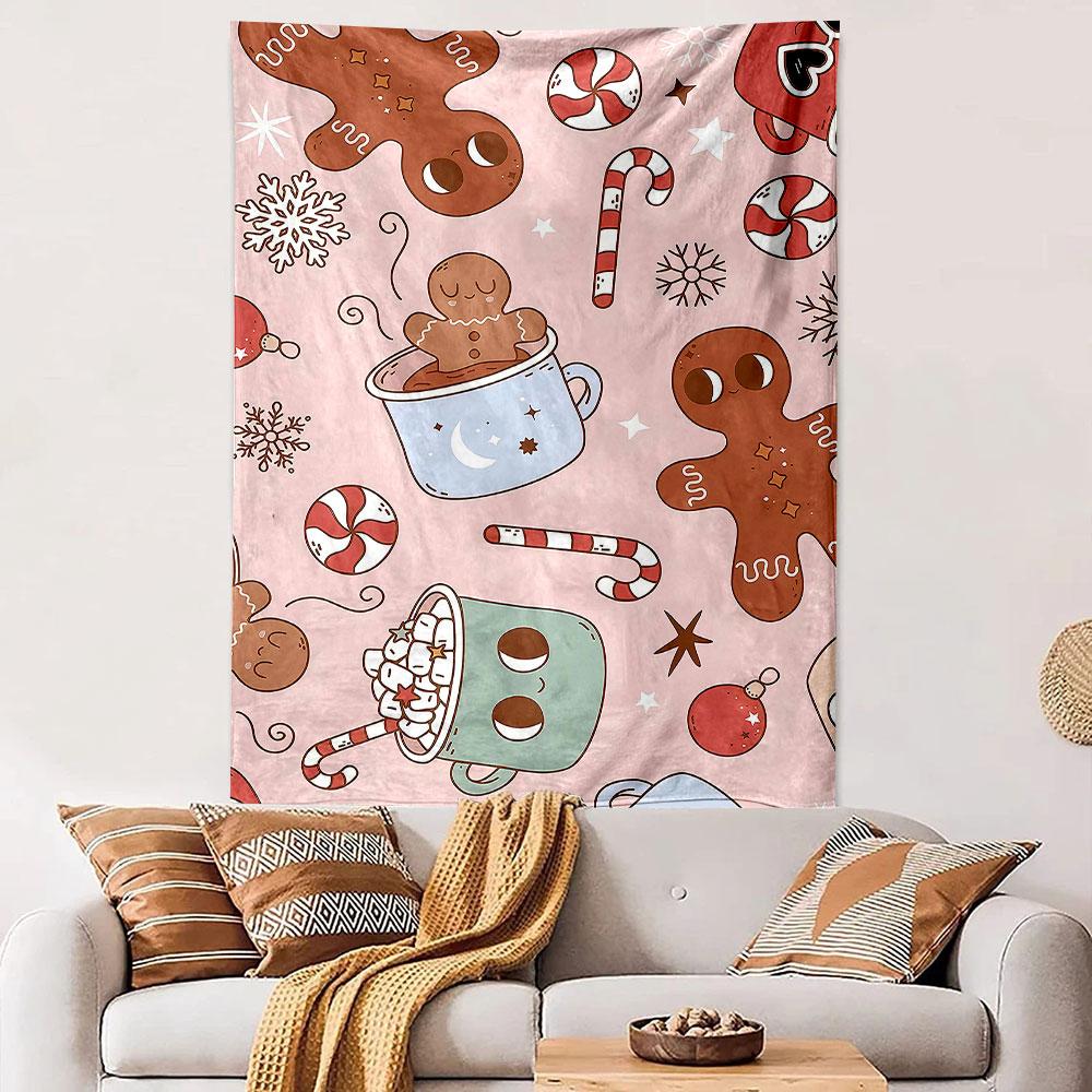 Pink Gingerbread Man Hot Cocoa Candy Canes Pattern Wall Tapestry Cute Christmas Holiday Decor for Kids Bedroom