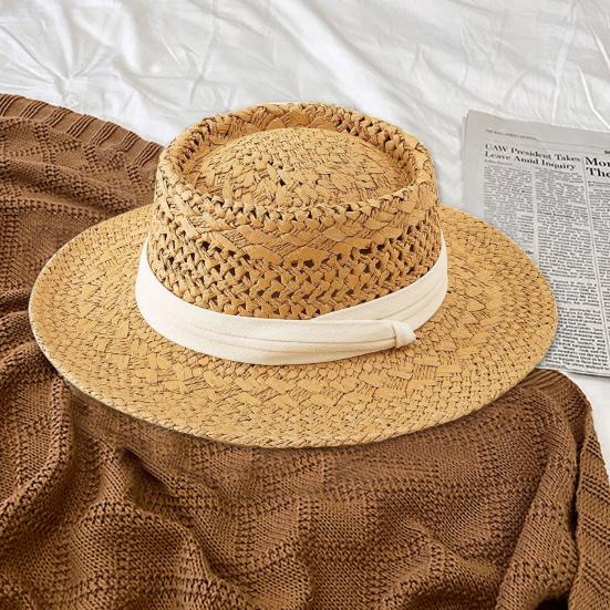 Женская летняя шляпа от солнца соломенная плетеная в стиле ретро в английском стиле с плоским верхом, сплошная цветная шляпа с широкими полями, защита от УФ-лучей, пляжная кепка для отпуска