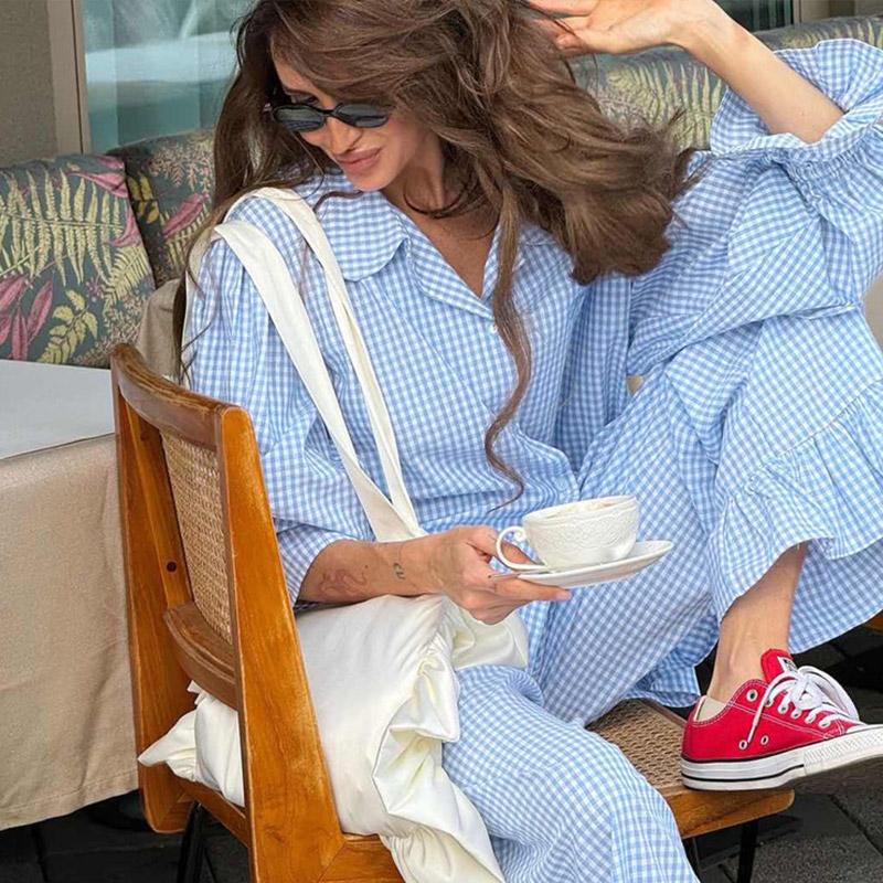 Рубашка с рисунком листьев лотоса, брюки сбоку, комплект из двух предметов, весенняя женская блузка с длинными рукавами и лацканами + свободные брюки с высокой талией, женский наряд