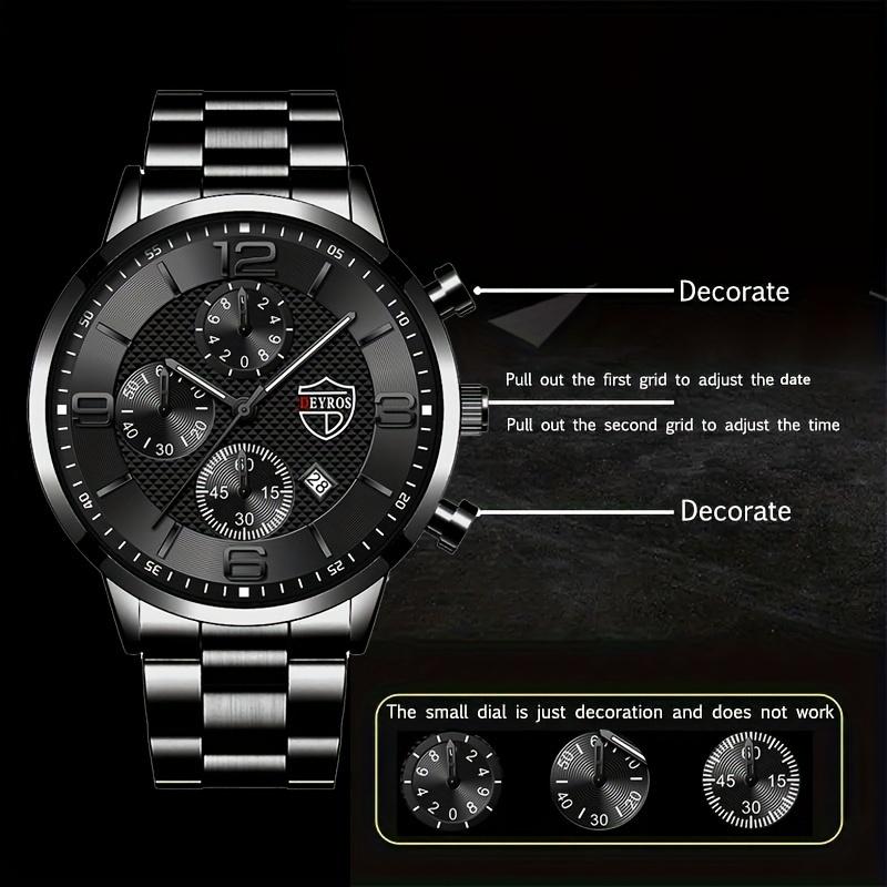 3pcs/set, Men's Calendar Fashion Business Stainless Steel Quartz Watch & Bracelet & Necklace Mens Gifts