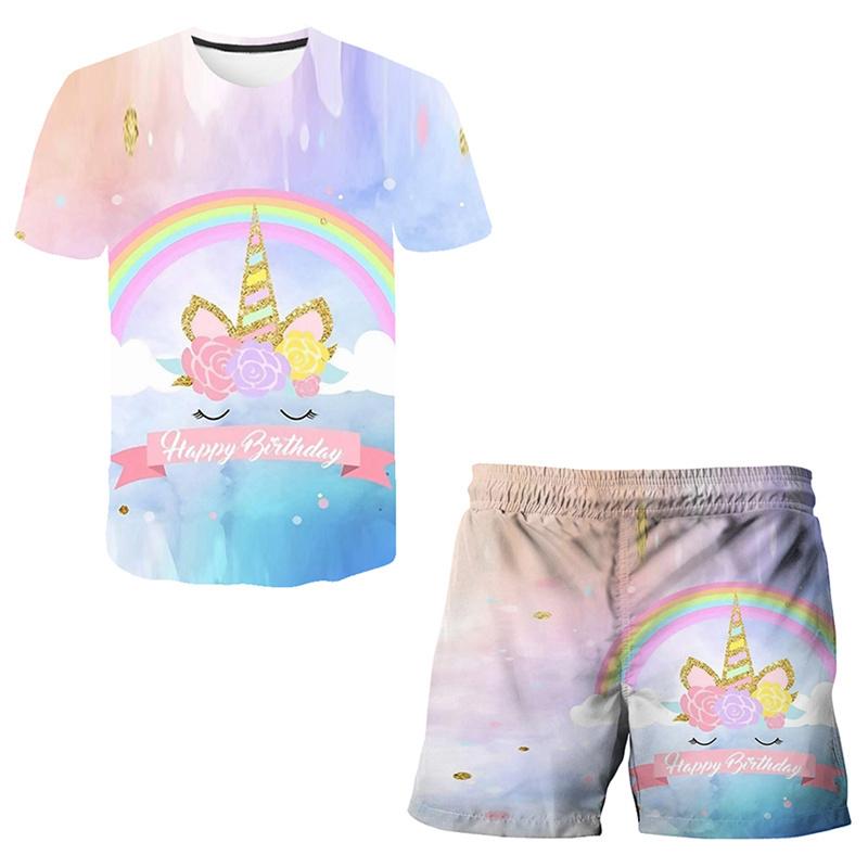 Children Girls Clothes Unicorn Baby Popular Print 3D Lovely Fashion T shirt+Short Pants Set Cartoon T Shirt 2Pcs Kids Suit