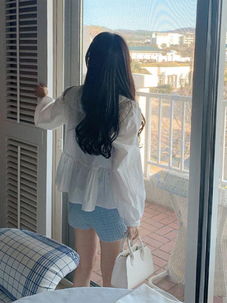 Harajuku Кукольный воротник Белая Милая Рубашка Женская Свободная Милая Шнуровка Французские Топы Женские Осенние Модные Длинные Рукава Однотонные Рубашки Для Женщин